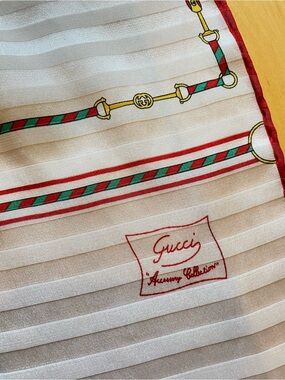 Authentic Vintage GUCCI Jacquard Silk Scarf -Equestrian Horsebit & Web Stripe